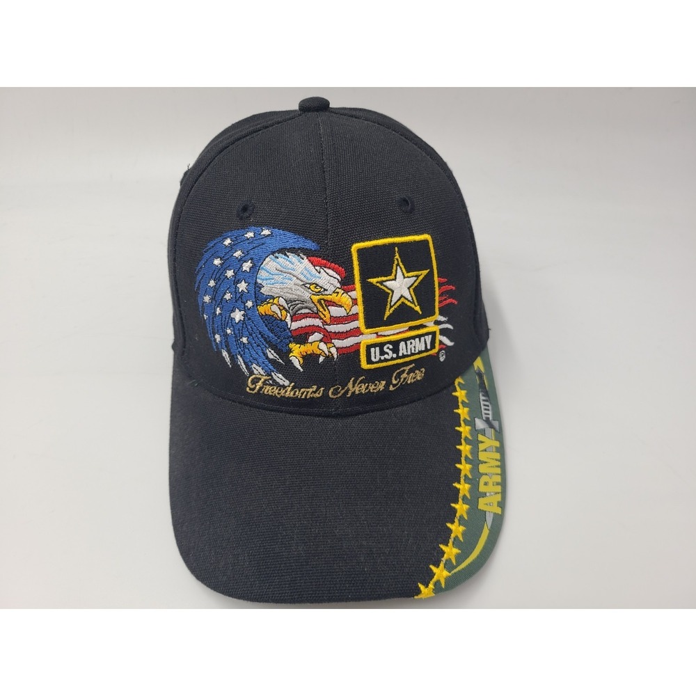 US Army Freedoms Never Free Bald Eagle American Flag Adjustable Hat Cap Black